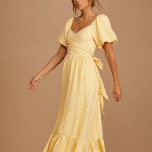 Lulus Sun Type Of Love Yellow Puff Sleeve Wrap Front Maxi Dress